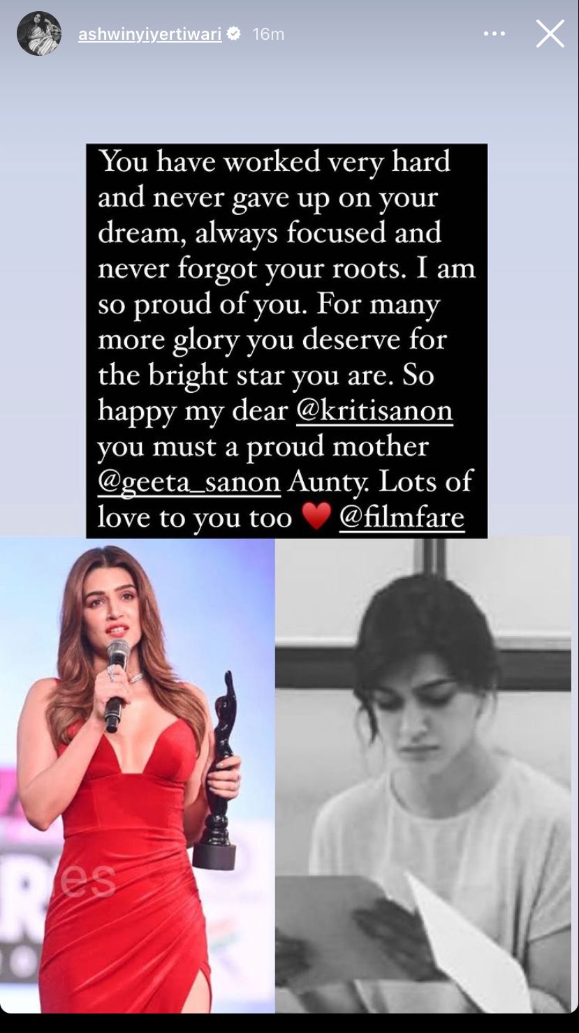 Bareilly Ki Barfi director Ashwiny Iyer Tiwari congratulates Kriti Sanon on her win; says 'You have worked very hard'