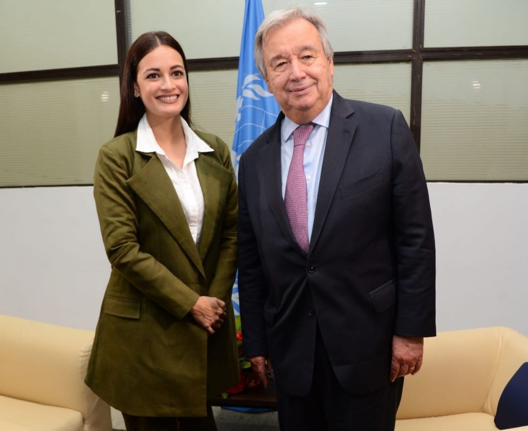 Actress and UN Environment Goodwill Ambassador Dia Mirza meets Secretary-General António Guterres during his visit to India