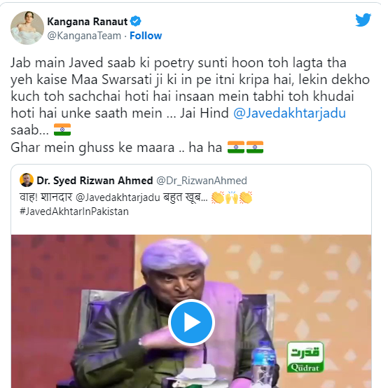 'Ghar mein ghus ke maara: Kangana Ranaut lauds Javed Akhtar for reminding Pakistanis that India will never forget 26/11 #twitter