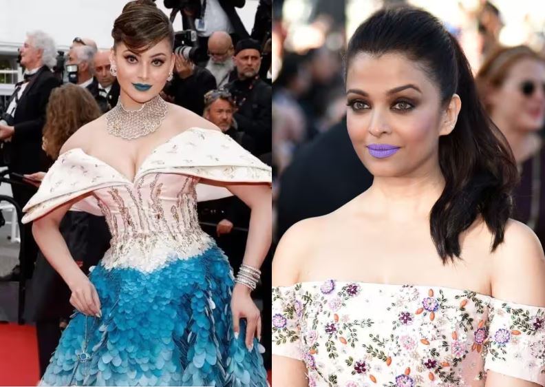 "Urvashi Rautela Turns Heads at Cannes with Electric Blue Lipstick, Netizens React and Draw Parallels to Aishwarya Rai Bachchan's Purple Lips"