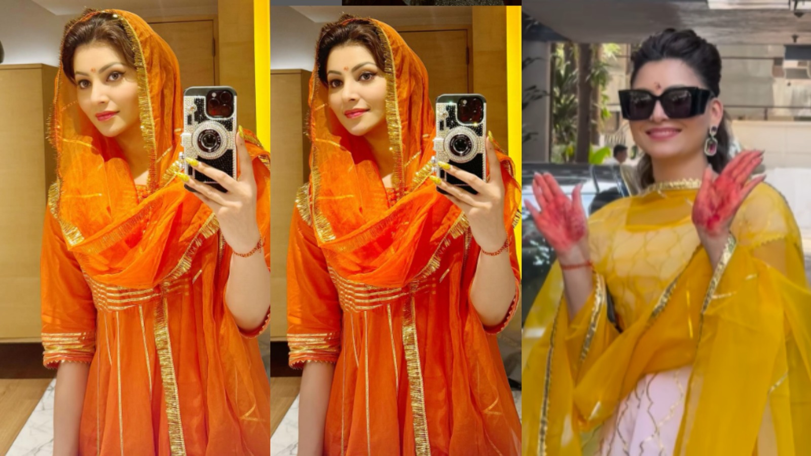 Fans Get Amazed as Urvashi Rautela Radiates Elegance in an Orange Salwar Suit for First-Day New House Opening Pooja
