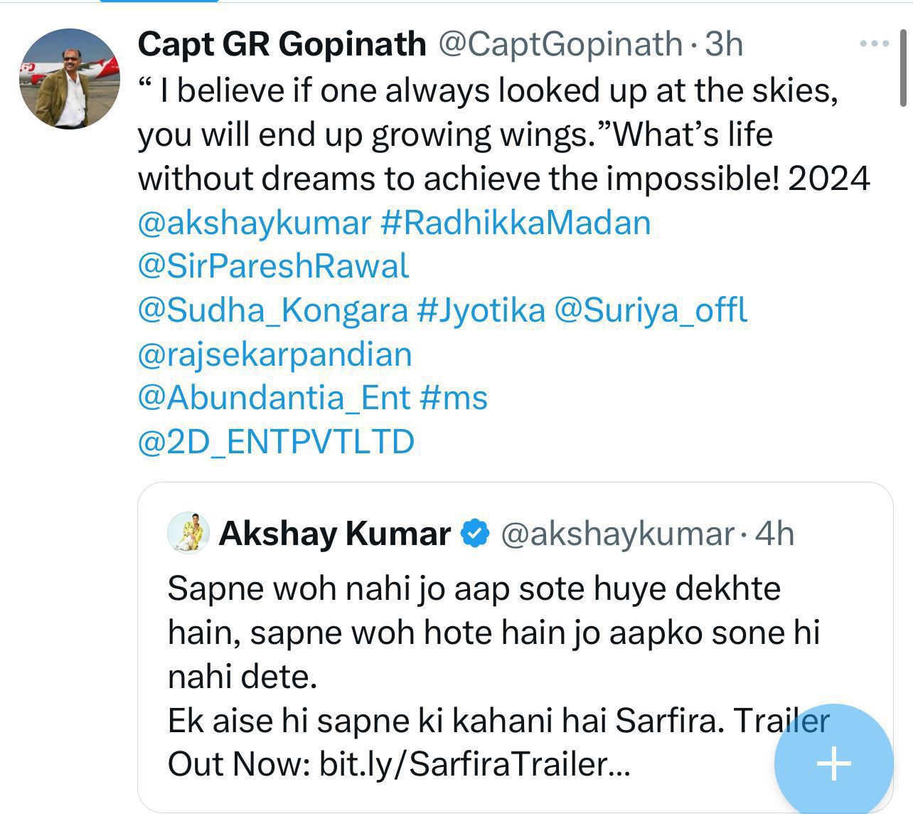 From Real to Reel: Gopinath's Life Celebrated in Akshay Kumar's 'Sarfira', Applauded by Suriya and gets big praise from real life Gopinath himself!