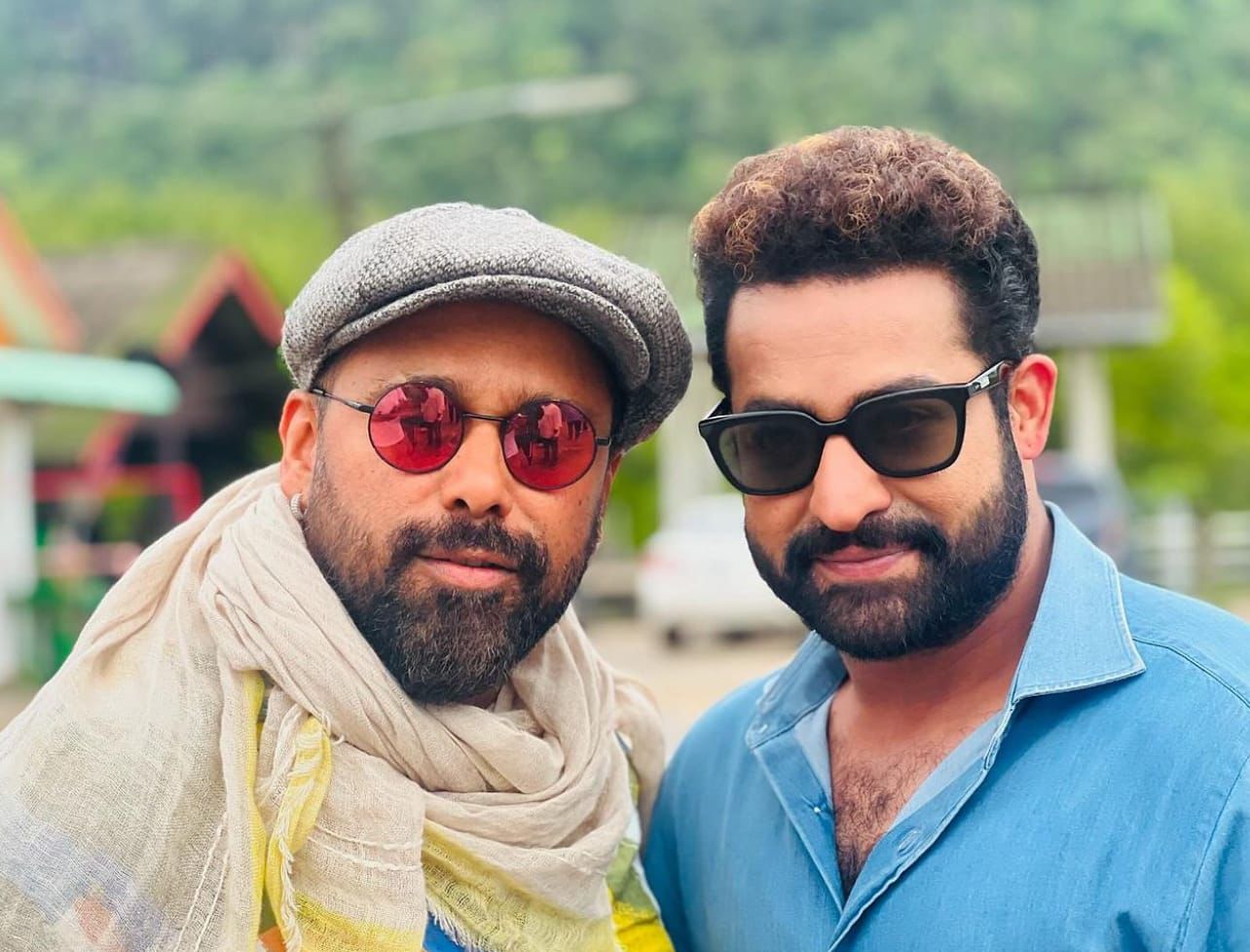 Ace choreographer Bosco Martis shares a picture with Man of Masses NTR Jr from the sets of Devara in Thailand.