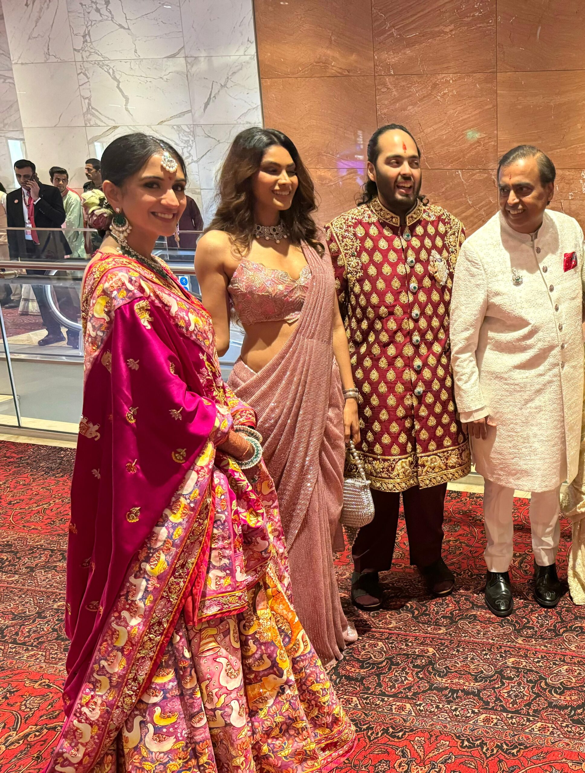 Lopamudra Raut with newly-wed couple Anant Ambani and Radhika Merchant and chairman of Reliance Industries Ltd Mukesh Ambani during the couple’s grand wedding wedding ceremony