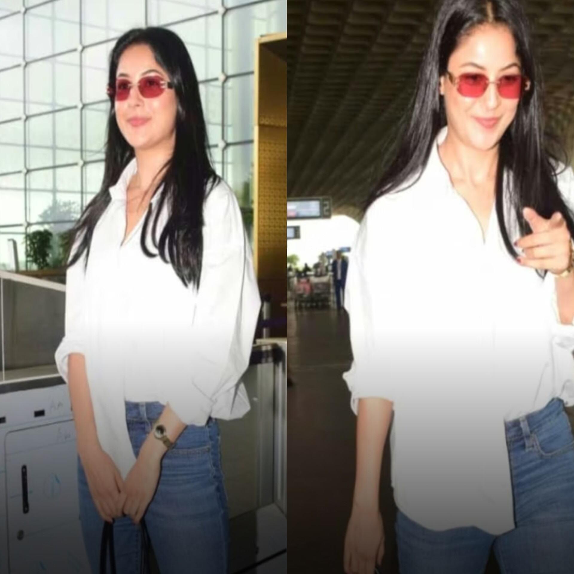 Shehnaaz Gill Turns Heads with Her Effortless Airport Style in Classic White and Denim